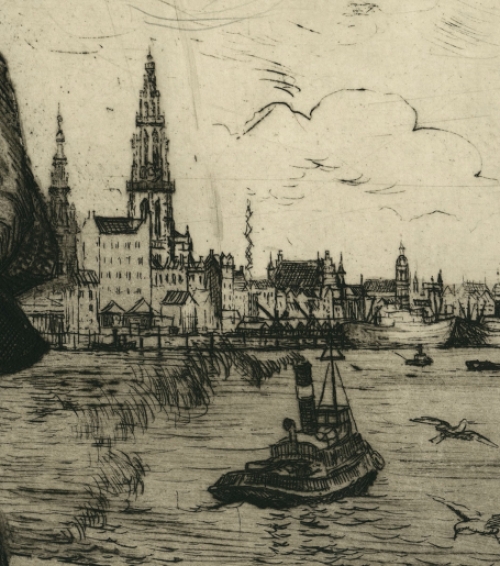 Romain Malfliet met een ets van Antwerpen