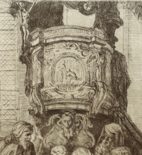 Romain Malfliet met een ets de preekstoel te Lokeren