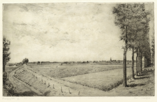 Belgische etser R. Malfliet met een ets van een polder