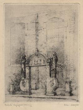 Belgische etser R. Malfliet met een ets van Lokeren