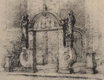 Romain Malfliet met een ets van het Lokerse Ryngaut portiek