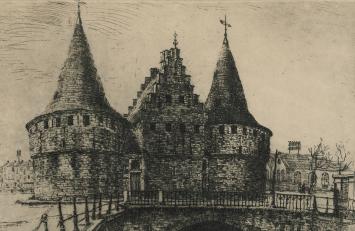 Romain Malfliet met een ets van Oud poortje (Kuyperstraat)