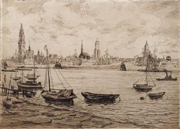 Romain Malfliet met een ets van graanzuiger te Antwerpen