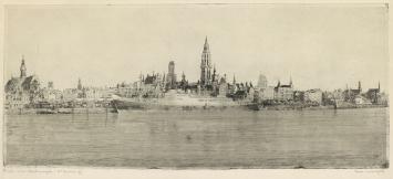 Belgische etser R. Malfliet met een Antwerpse ets