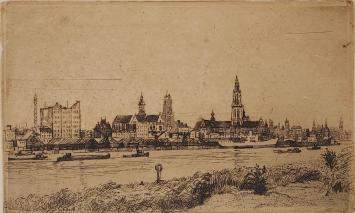 Romain Malfliet met een ets van de rede van Antwerpen