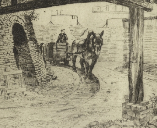 Romain Malfliet met een ets van een paard en kar rond een oven