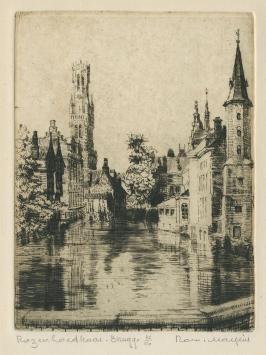 Belgische etser R. Malfliet met een ets van Brugge