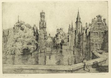 Belgische etser R. Malfliet met een grote ets van Brugge