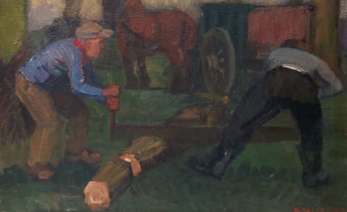 Romain Malfliet met een schilderij van bomen zagen