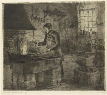 Belgische etser R. Malfliet met een zeer grote ets