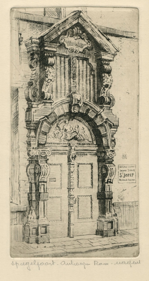 Belgische etser R. Malfliet met een ets van een poort