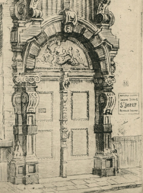 Romain Malfliet met een ets van de Spiegelpoort