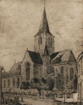 Romain Malfliet met een ets van Denderhoutem