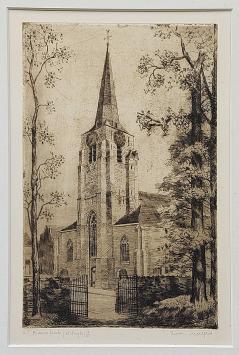 Belgische etser R. Malfliet met een ets van Wilrijk