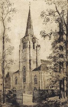 Romain Malfliet met een ets van een kerk