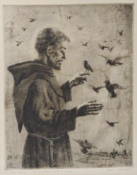 Belgische etser R. Malfliet met een ets van een Heilige