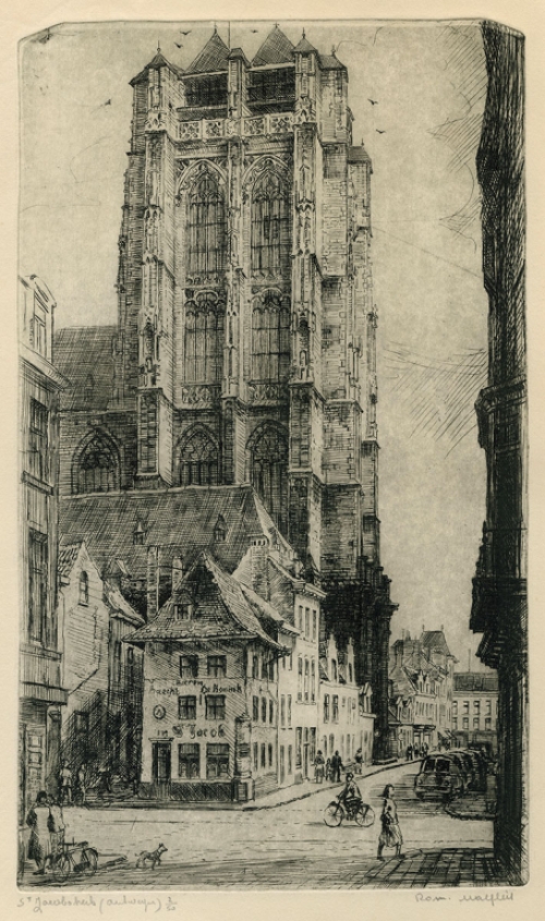 Belgische etser R. Malfliet met een ets van een kerk