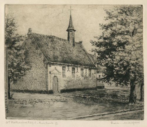 Belgische etser R. Malfliet met een ets van kapel te Ruisbroek
