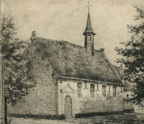 Romain Malfliet met een ets van Sint Katharinakapel