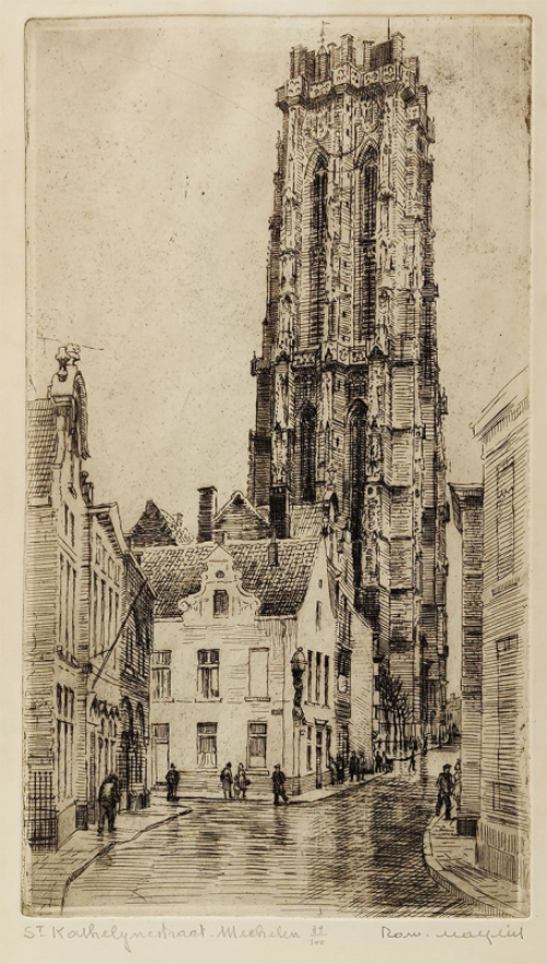 Belgische etser R. Malfliet met een ets van Mechelen