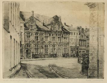 Belgische etser R. Malfliet met een ets uit Lokeren