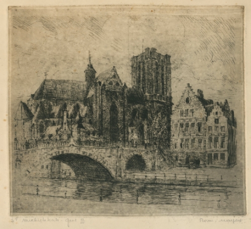 Belgische etser R. Malfliet met een ets van Gent