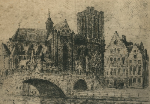 Romain Malfliet met een ets van St Michielskerk te Gent