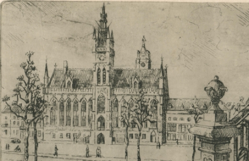 Romain Malfliet met een ets van stadhuis in St Niklaas