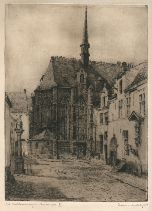 Belgische etser R. Malfliet met een grote ets