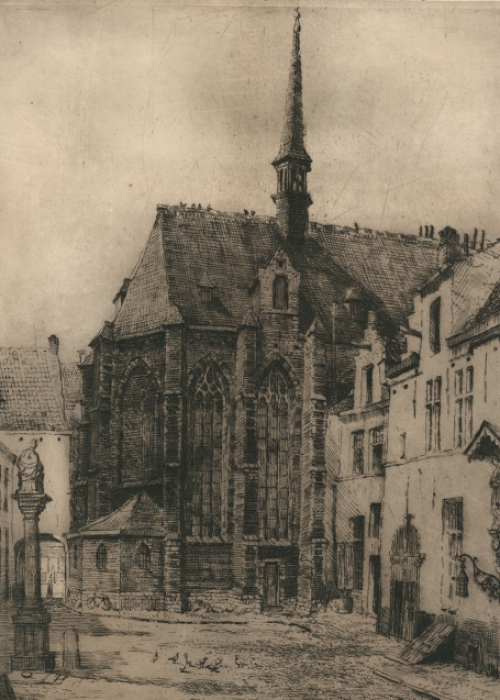 Romain Malfliet met een ets van St Niklaaskapel - Antwerpen