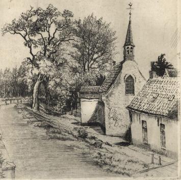 Romain Malfliet met een ets van Sint-Onolfsdijk (Dendermonde)