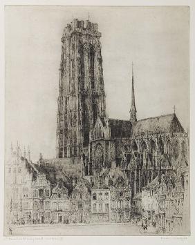 Belgische etser Romain Malfliet met een ets van Mechelen