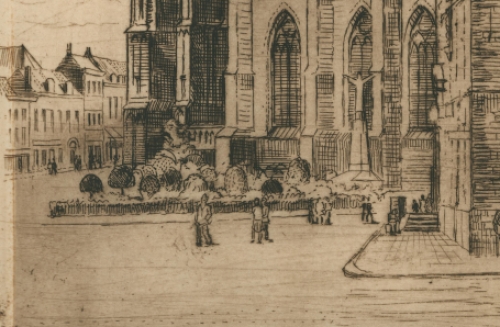 Romain Malfliet met een ets, de St. Romouts kathedraal