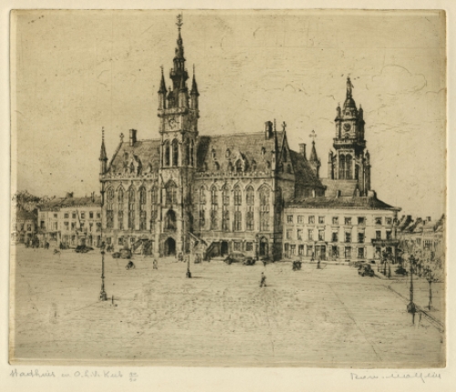 Belgische etser R. Malfliet met een stadsgezicht