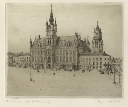 Belgische etser R. Malfliet met een ets van St Niklaas