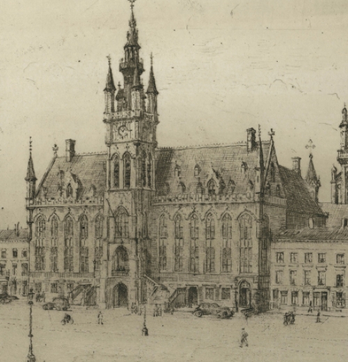 Stadhuis van Sint-Niklaas geëtst door R. Malfliet
