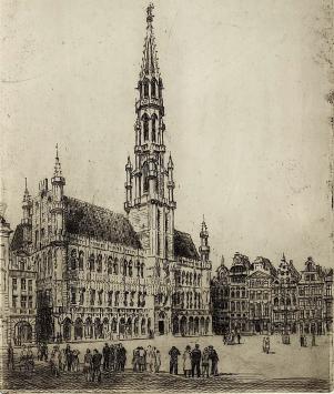 Romain Malfliet met een ets van stadhuis Brussel