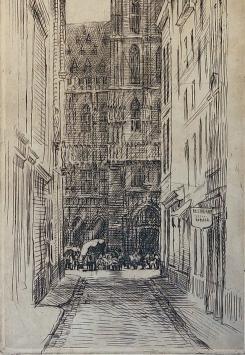 Romain Malfliet met een ets van stadhuis Brussel