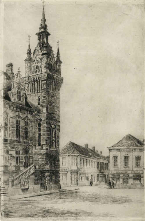 Romain Malfliet met een ets van een stadhuistoren