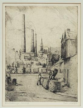 Belgische etser R. Malfliet met een grafisch kunstwerkje van Boom