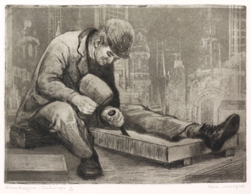 Belgische etser R. Malfliet met een ets van een steenkapper