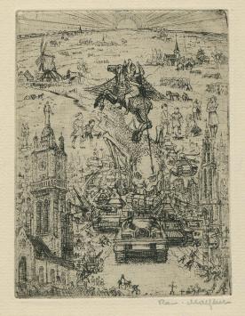 Belgische etser R. Malfliet met een ets, oorlog en vrede