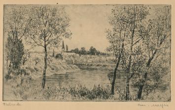 Belgische etser R. Malfliet met een ets van Tielrode