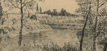 Romain Malfliet met een ets van een dorp aan het water