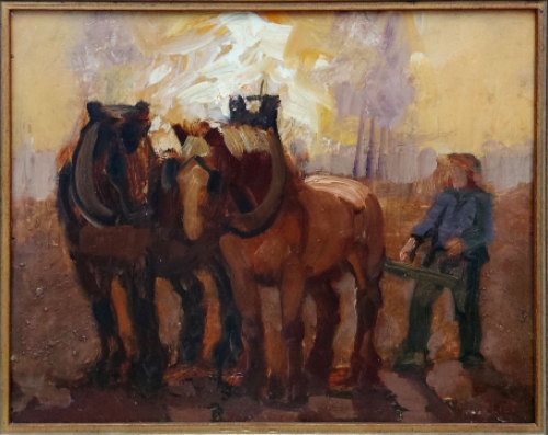 Belgische schilder R. Malfliet met een schilderij