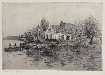 Belgische etser R. Malfliet met een ets van het Veerhuis