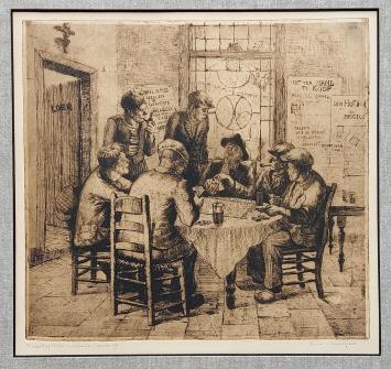 Belgische etser R. Malfliet met een ets, vernis mou