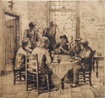 Romain Malfliet met een ets van kaartspelers