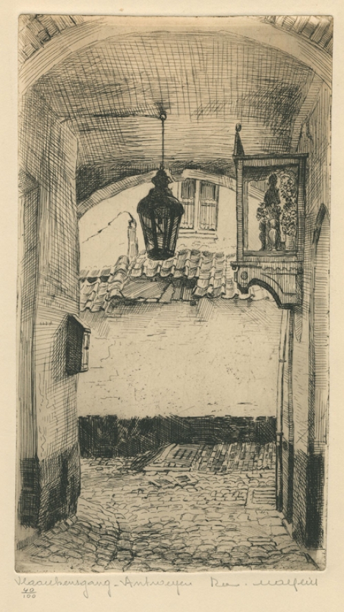 Belgische etser R. Malfliet met een ets van een steegje