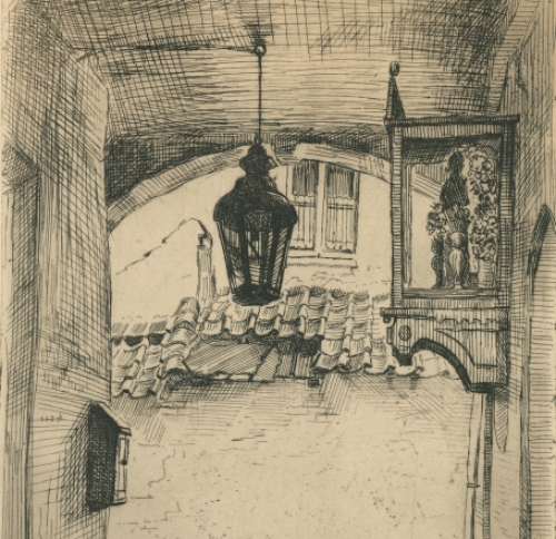 Romain Malfliet met een ets van Antwerpen